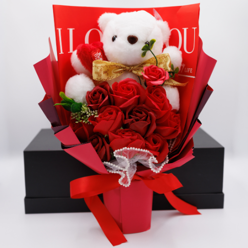Red Bear Flower Bouquet – Romantic & Luxury Gift