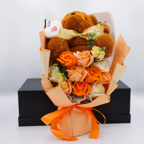 Orange Bear Flower Bouquet – Warm & Adorable Gift